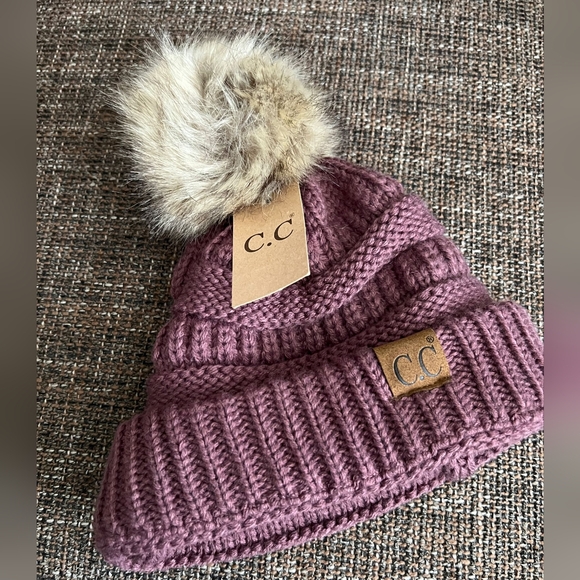 NWT NEW Set of 2 CC Knitted Beanies with Pom Poms - Picture 4 of 5